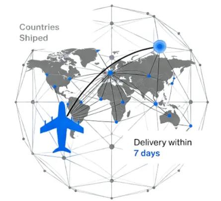 Carte du réseau de livraison mondial montrant la couverture d'expédition mondiale