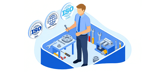 Illustrazione isometrica: supporto della catena di fornitura e partner certificato per lo stampaggio dei metalli
