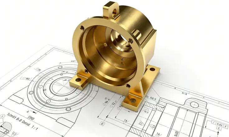 Pièce usinée CNC en or sur un plan d'ingénierie mettant en valeur la qualité de la finition de surface