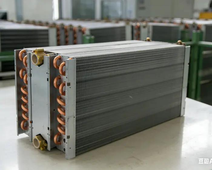 Trocador de calor de alumínio com formato irregular e canais de fluxo complexos.