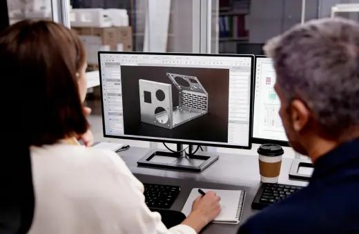 Team di ingegneri che esamina soluzioni di saldatura personalizzate sulla workstation CAD