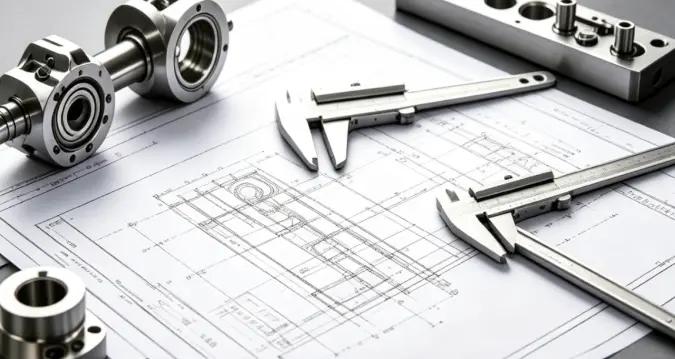 Präzisionskomponenten und Messschieber auf einer technischen Zeichnung