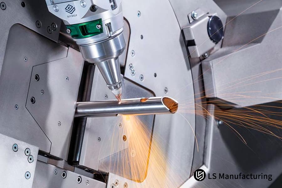 Custom metal laser cutting a 304 stainless steel tube for a fluid system or structural framework component.