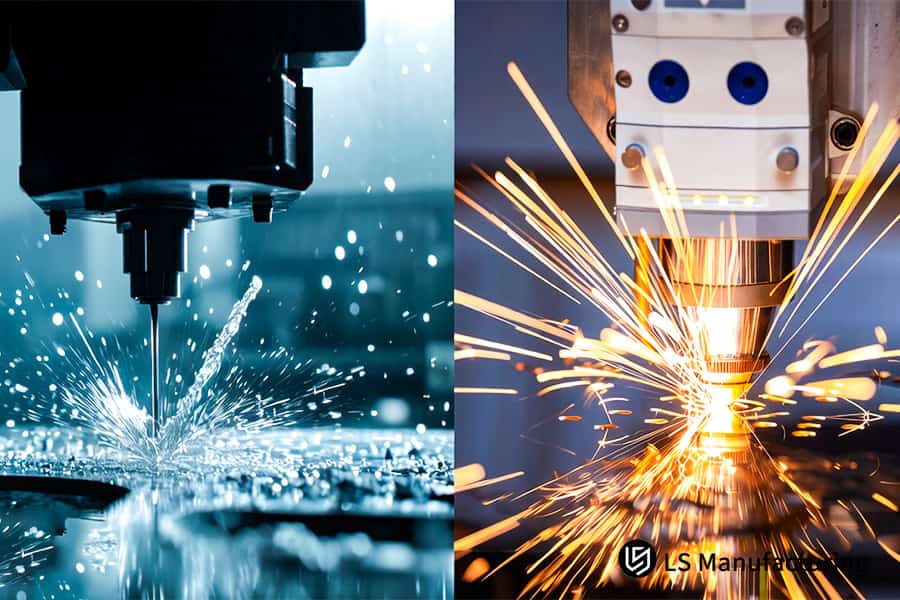 Laser cutting vs CNC machining fabricates carbon steel brackets and aluminum blocks in a factory comparison.