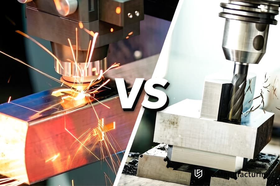 Laser cutting vs CNC machining works on metal parts with bright sparks in a real manufacturing workshop.