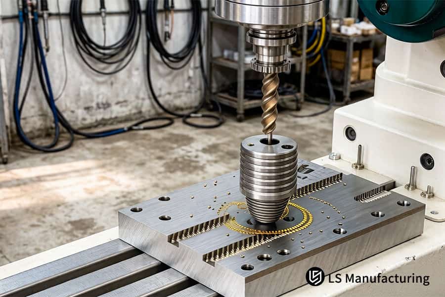 A CNC mill cuts precise threads into a high hardness alloy steel tap for automotive or machinery fastening applications.