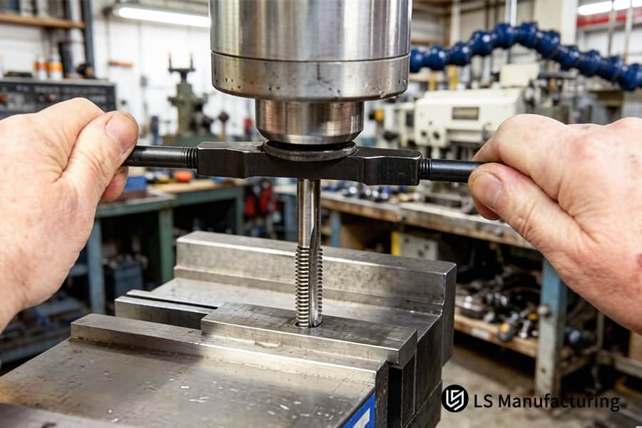 An operator cuts threads in a medium carbon steel block for custom tooling or repair shop components.