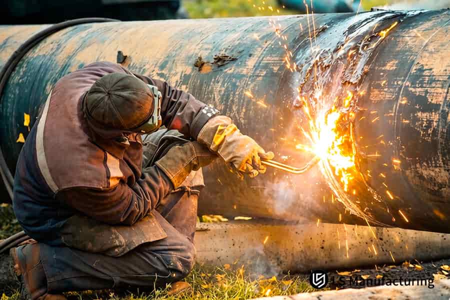 Joining a high-strength steel pipe for industrial fluid systems with a manual gas torch.