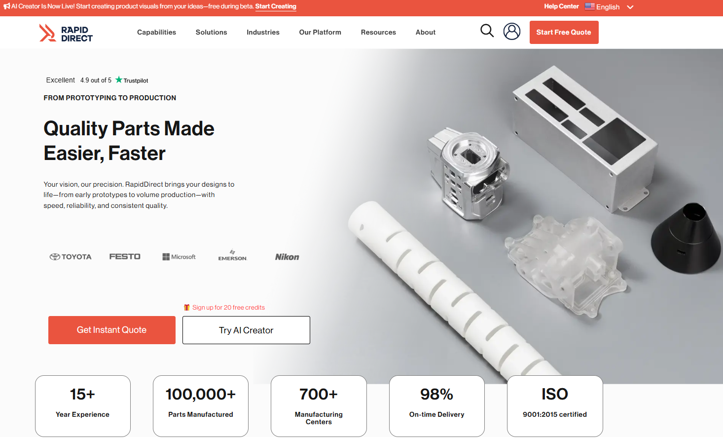 تعرض RapidDirect منصة التصنيع الرقمية الخاصة بها للنماذج الأولية السريعة والإنتاج حسب الطلب.