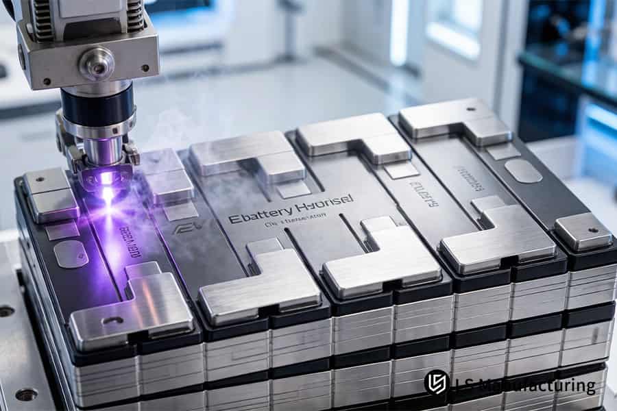 Автоматизированный лазер точно формирует алюминиевые корпуса для крупносерийных линий сборки аккумуляторов электромобилей.