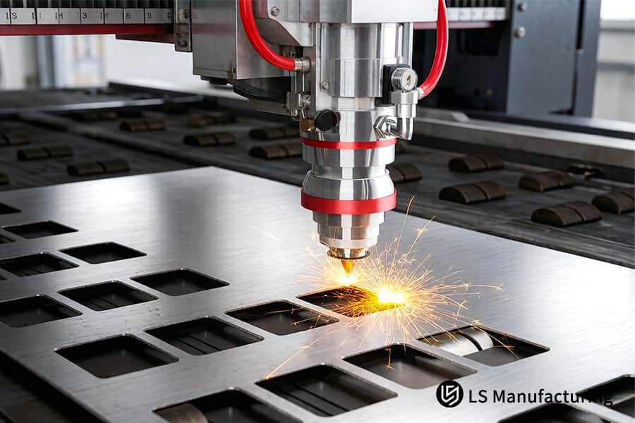 تقطيع صفائح الألمنيوم لأجزاء السيارات أو الأجزاء الهيكلية المخصصة باستخدام نظام ليزر عالي الطاقة.