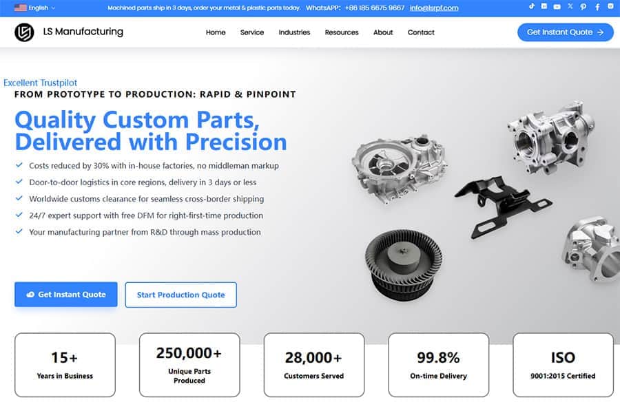 Домашняя страница веб-сайта LS Manufacturing, предлагающая прецизионную обработку на станках с ЧПУ и услуги быстрой доставки деталей.