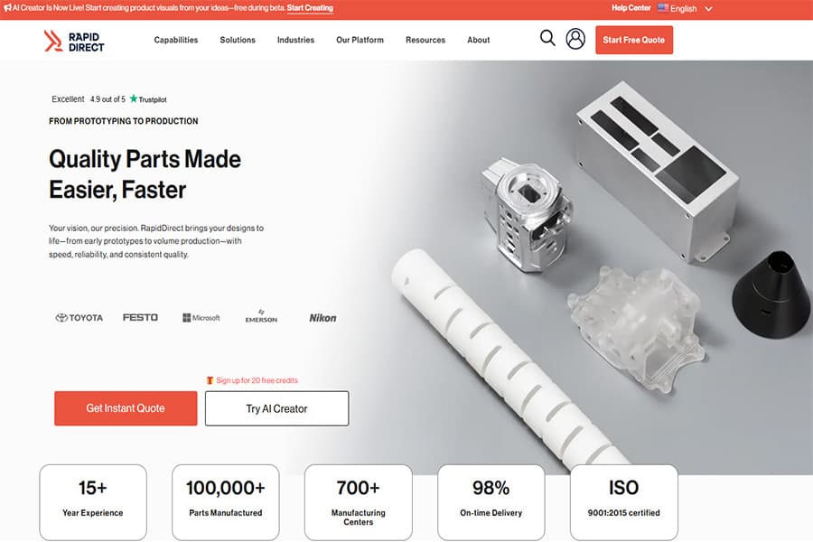 Веб-сайт RapidDirect, рекламирующий услуги онлайн-обработки с ЧПУ и мгновенного ценового предложения нестандартных деталей.