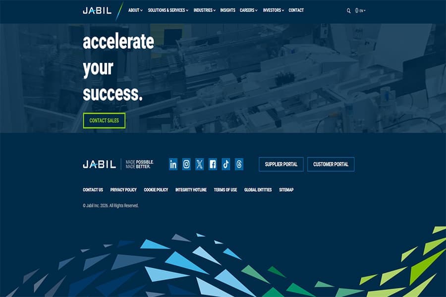Корпоративная домашняя страница Jabil, на которой представлены глобальные производственные решения и корпоративные услуги.