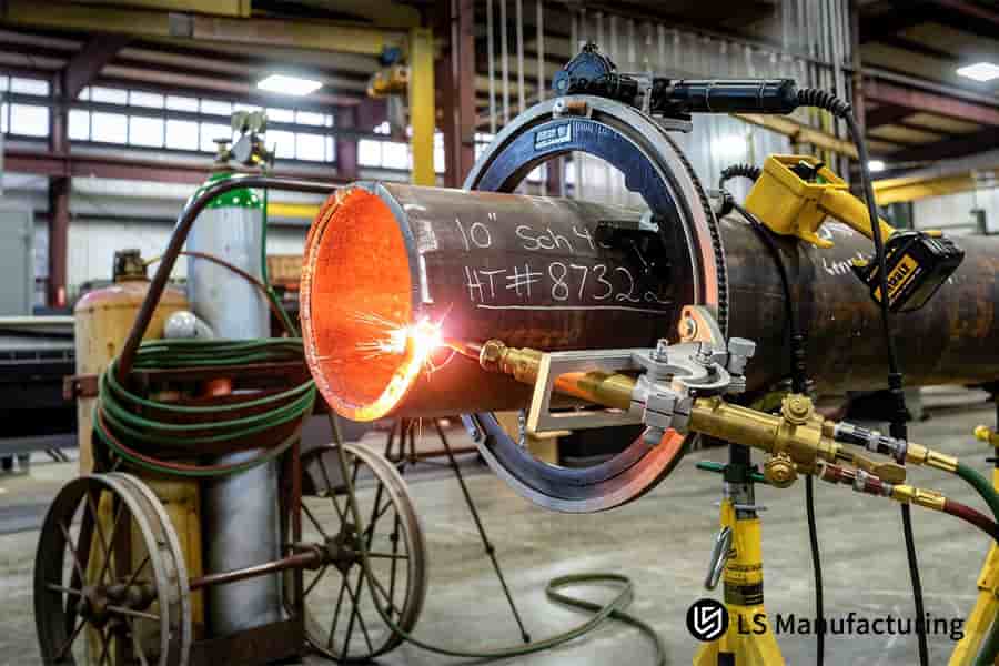 工業製造におけるその後の溶接のために、作業員が手持ち工具を使用して鋼管の端を面取りします。