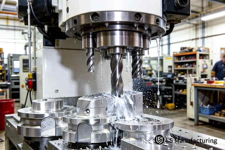 五轴 CNC 机床铣削带有冷却剂的 6061 铝制发动机支架，用于航空航天装配应用。
