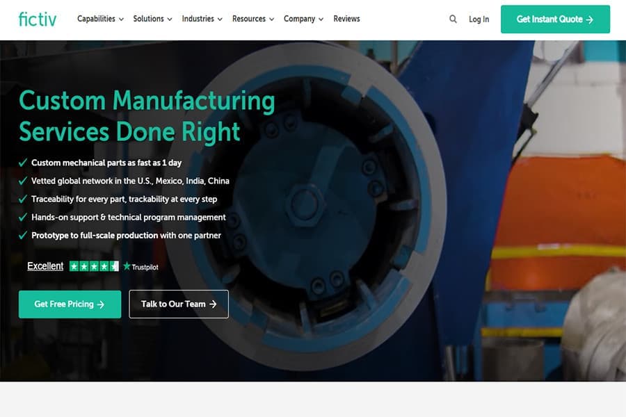 This image shows the Fictiv homepage offering custom manufacturing services done right with rapid quoting.