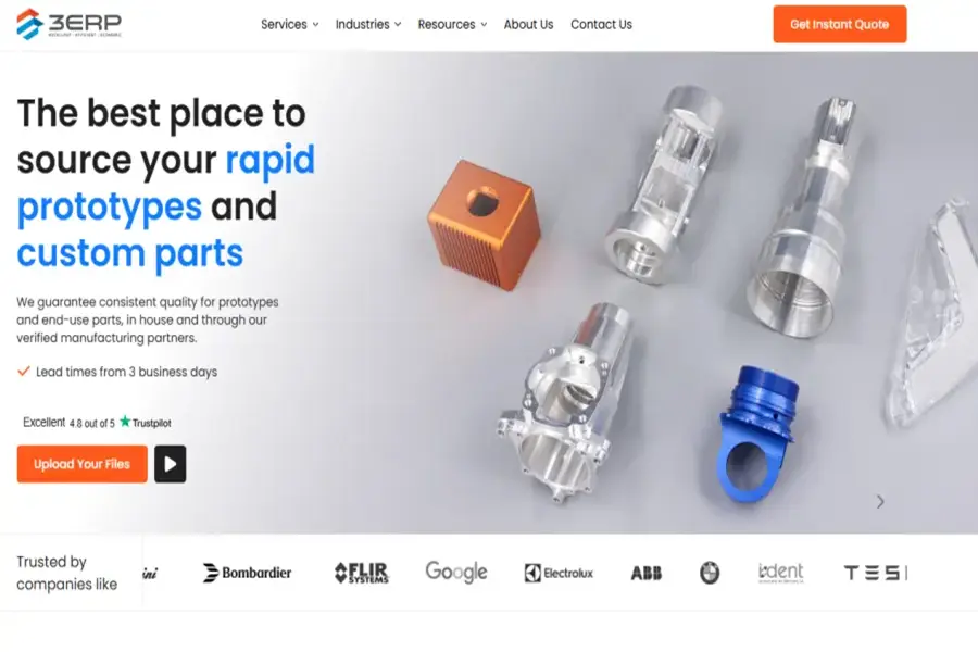 This image shows the 3ERP homepage showcasing rapid prototypes and custom parts sourcing services.