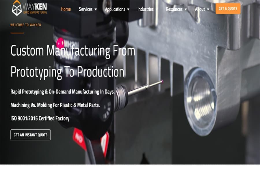 This image shows the Wayken homepage offering custom manufacturing from prototyping to production with ISO certification.