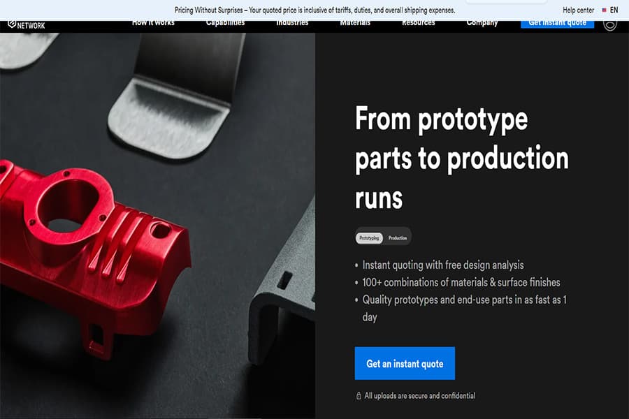This image shows the Hubs homepage displaying prototype to production runs for custom manufacturing.
