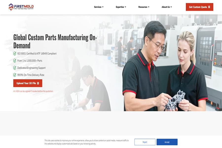 This image shows the First Mold homepage featuring global custom parts manufacturing on demand.