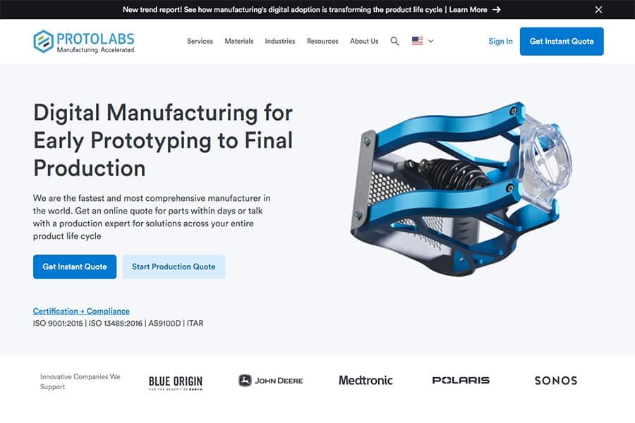 Protolabs 提供快速的 5 轴 CNC 加工服务，适用于从早期原型制作到最终生产的整个流程。