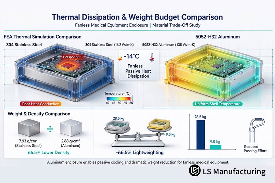 Thermal dissipation FEA simulation and pros and cons of aluminum vs stainless steel for fanless medical enclosures