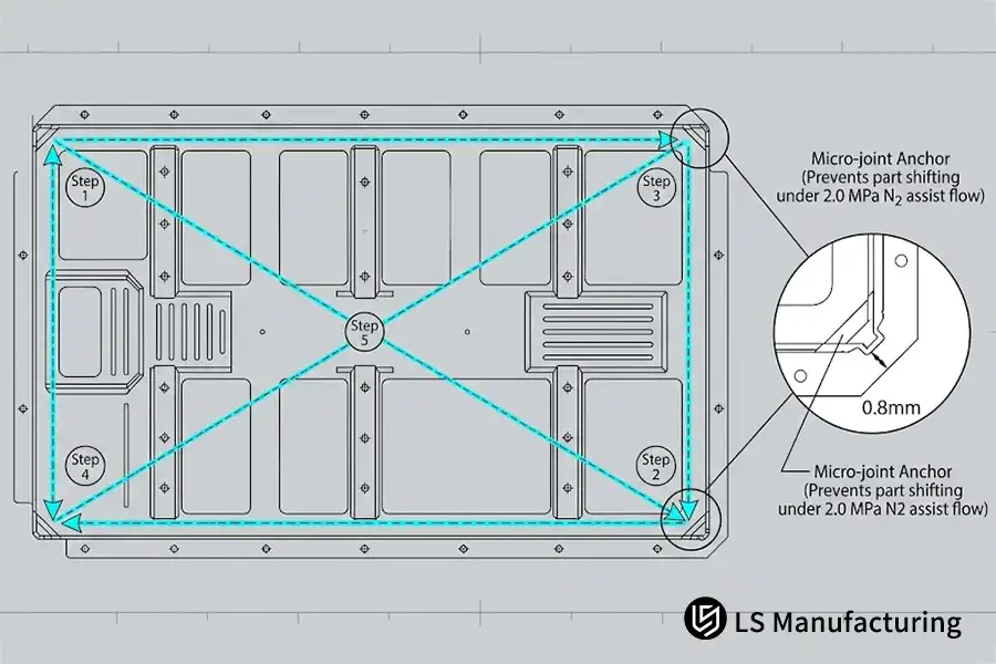 EV battery tray cutting path order showing leapfrog sequence and 0.8 mm micro-joint anchors
