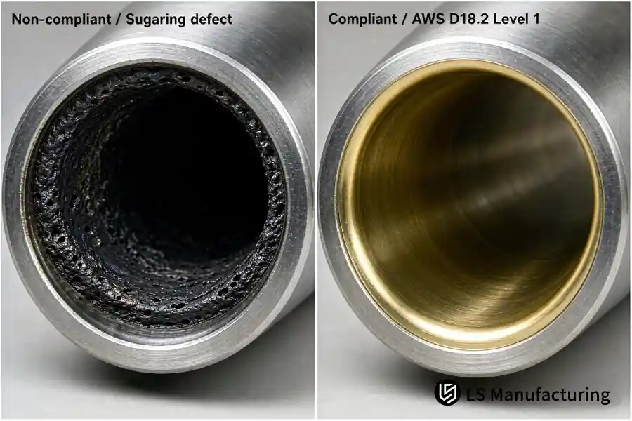 Visual comparison between severe back oxidation sugaring defect and compliant AWS D18.2 level 1 sanitary tube weld