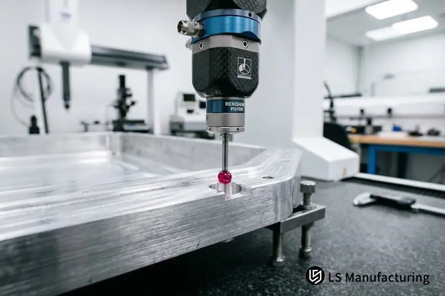 Zeiss CMM coordinate measuring machine ruby probe inspecting EV battery enclosure perimeter sealing flange tolerance and datum hole