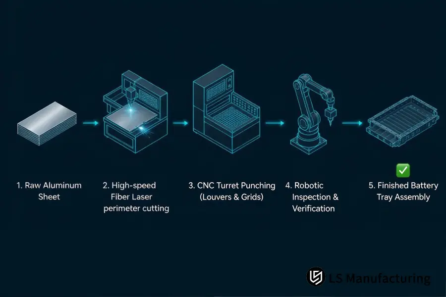 Five-step engineering workflow guiding fiber laser vs CNC punching routing from raw sheet to final EV battery tray