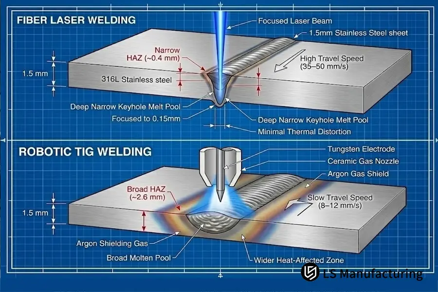 Engineering blueprint cross-section comparing heat-affected zone HAZ between fiber laser and robotic TIG welding